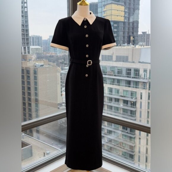 🆕 SELF-PORTRAIT 🧿 Black Belted White Crepe Contrast Midi Dress, Sz UK 10 US 6 - Picture 5 of 16